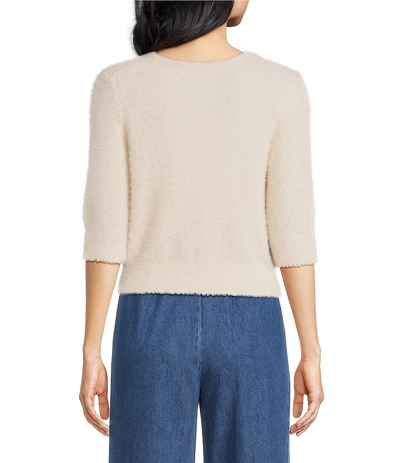 Trina Turk Maliah Fuzzy Knit Round Neck Elbow Sleeve Top