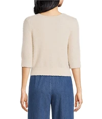Trina Turk Maliah Fuzzy Knit Round Neck Elbow Sleeve Top