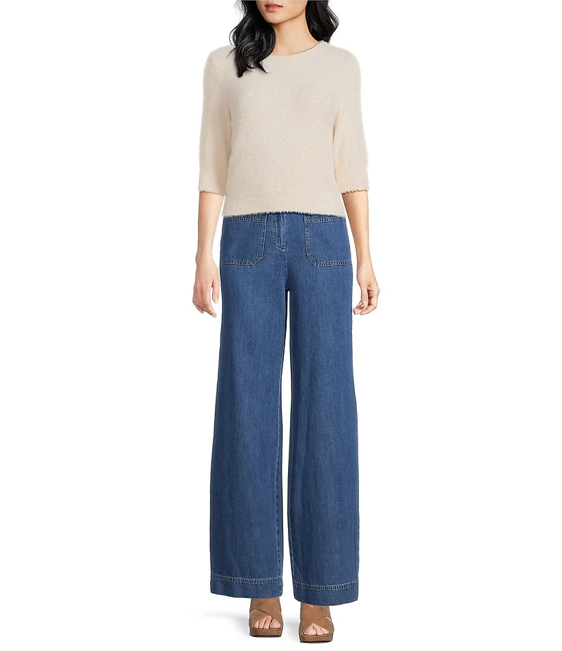 Trina Turk Maliah Fuzzy Knit Round Neck Elbow Sleeve Top