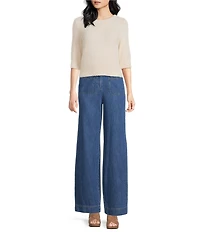 Trina Turk Maliah Fuzzy Knit Round Neck Elbow Sleeve Top