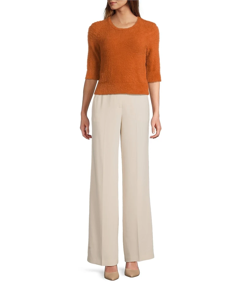 Trina Turk Maliah Fuzzy Knit Round Neck Elbow Sleeve Top