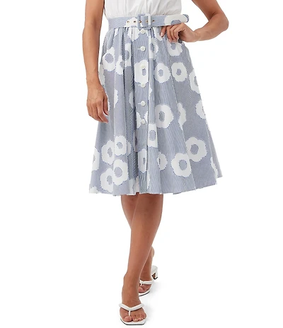 Trina Turk Mardi Cotton Blend Stripe Floral Print Belted A-Line Skirt