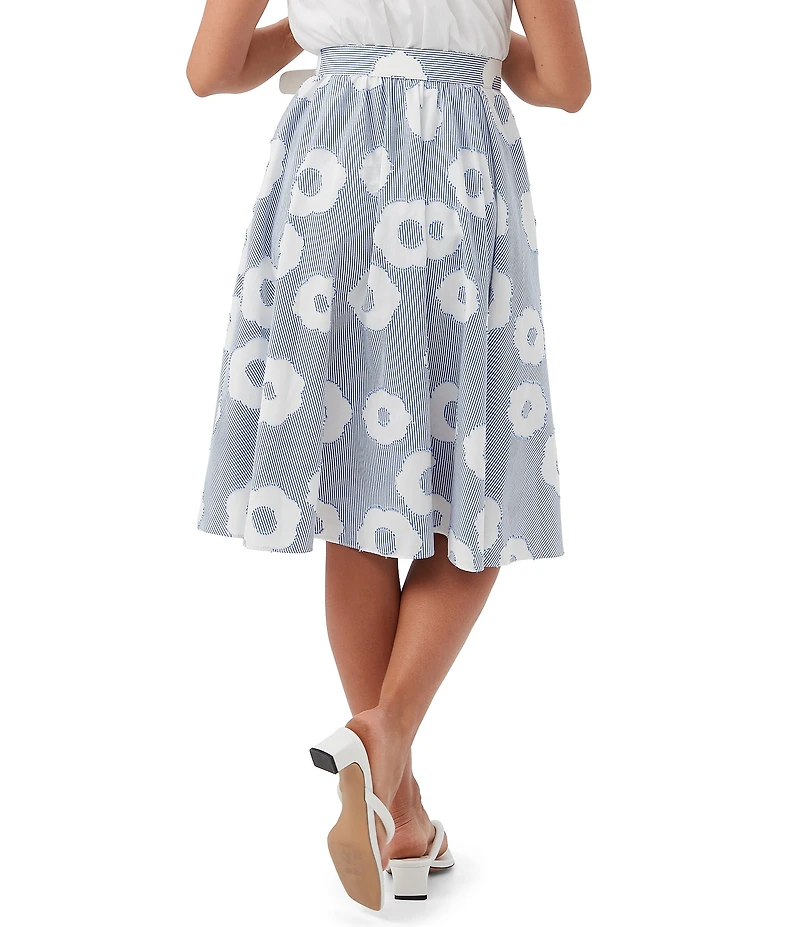 Trina Turk Mardi Cotton Blend Stripe Floral Print Belted A-Line Skirt