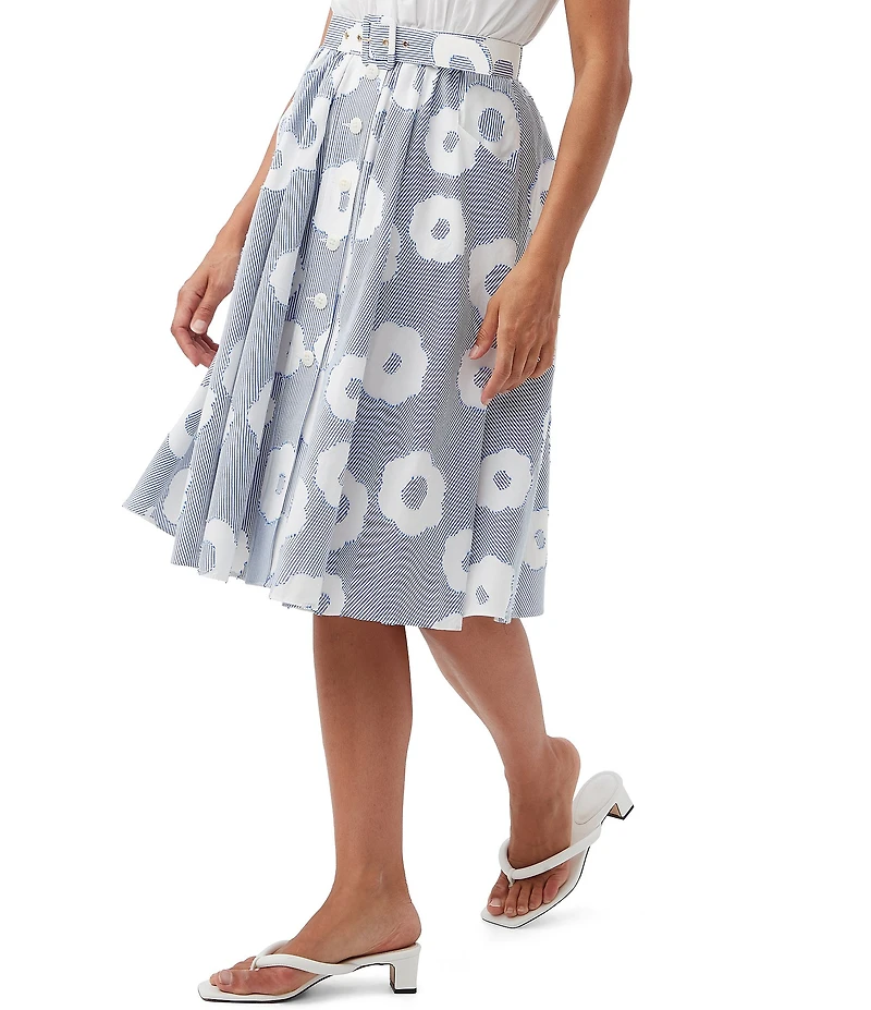 Trina Turk Mardi Cotton Blend Stripe Floral Print Belted A-Line Skirt