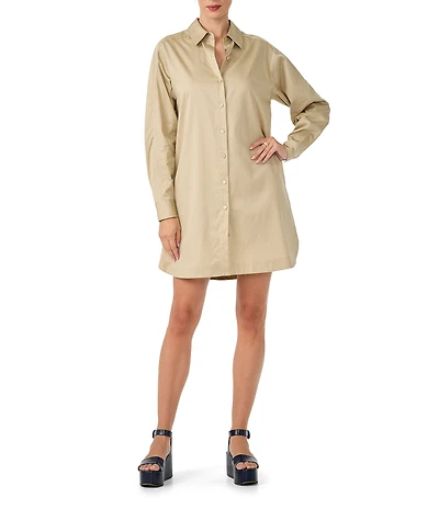 Trina Turk Marx Organic Cotton Sateen Point Collar Long Sleeve Button Front Mini Dress