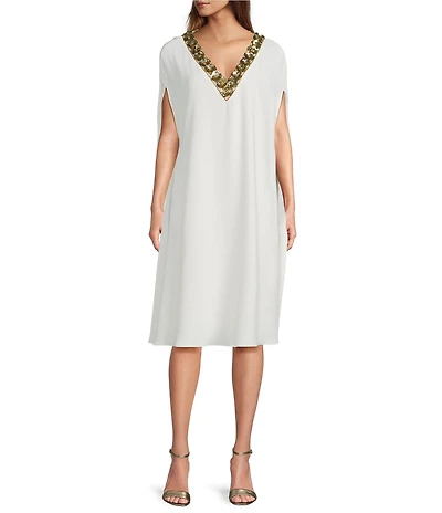 Trina Turk Masquerade Georgette Embellished V-Neck Sleeveless Cape Dress
