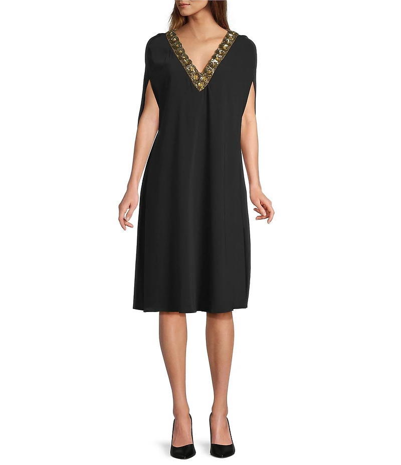 Trina Turk Masquerade Georgette Embellished V-Neck Sleeveless Cape Dress