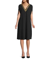 Trina Turk Masquerade Georgette Embellished V-Neck Sleeveless Cape Dress