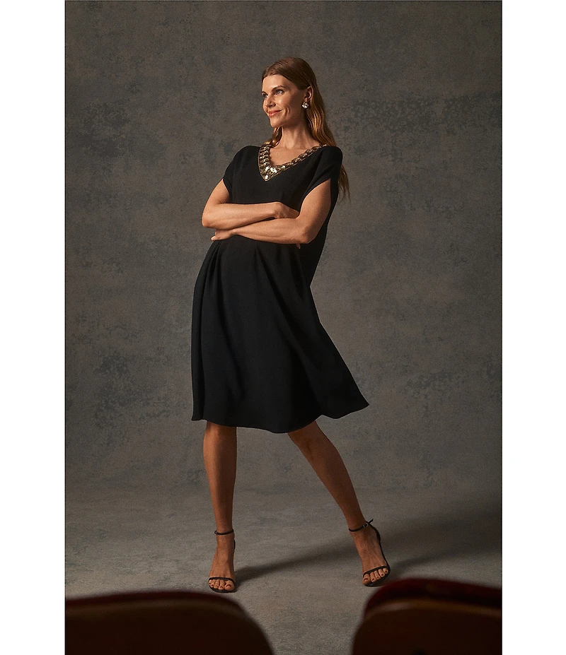 Trina Turk Masquerade Georgette Embellished V-Neck Sleeveless Cape Dress