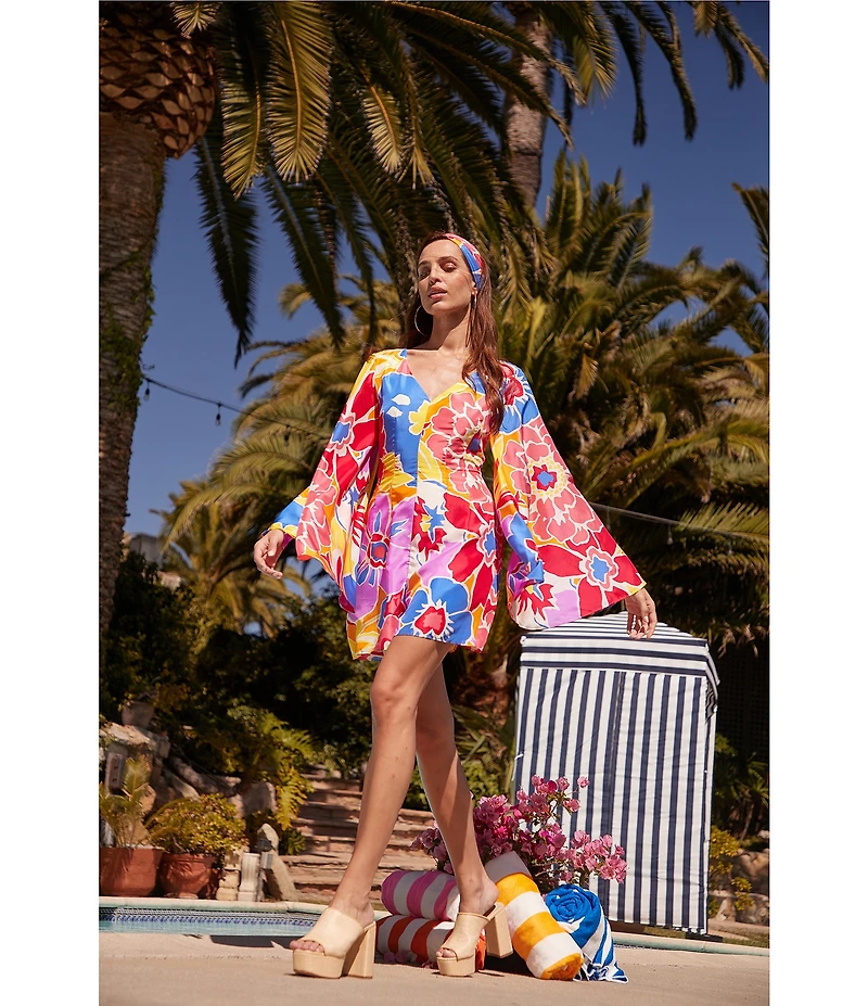 Trina Turk Miera Floral Print V-Neck Long Bell Sleeve Romper