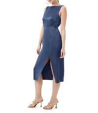 Trina Turk Mochi Satin Boat Neck Sleeveless Sheath Midi Dress