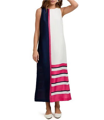 Trina Turk Moderna Satin Georgette Colorblock Round Neck Sleeveless Dress