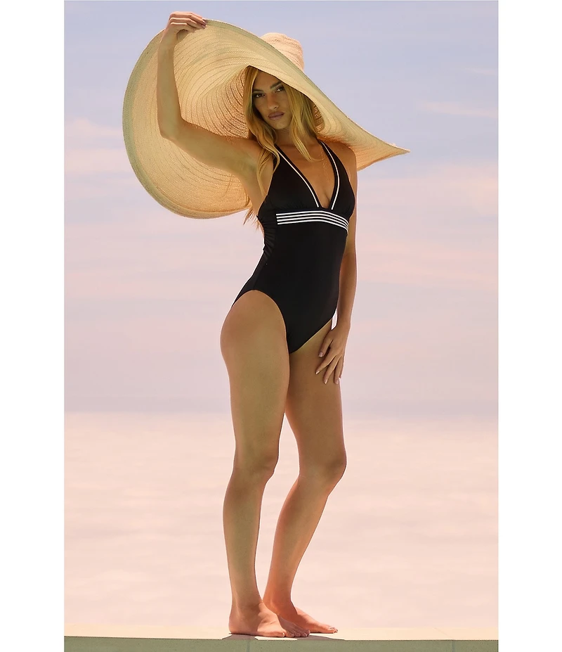 Trina Turk Monaco Peated Halter Plunge One Piece Swimsuit