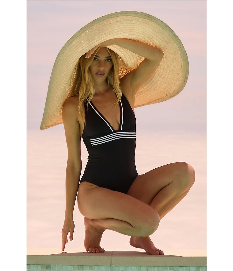 Trina Turk Monaco Peated Halter Plunge One Piece Swimsuit