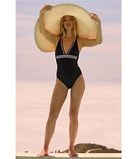 Trina Turk Monaco Peated Halter Plunge One Piece Swimsuit