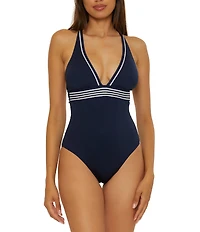 Trina Turk Monaco Peated Halter Plunge One Piece Swimsuit