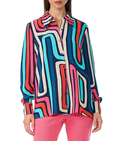 Trina Turk Montero Printed Georgette Point Collar Long Sleeve Button Front Shirt