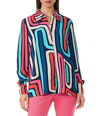 Trina Turk Montero Printed Georgette Point Collar Long Sleeve Button Front Shirt