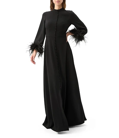 Trina Turk Montmarte Georgette Mock Neck Long Feather Sleeve Front Button Dress