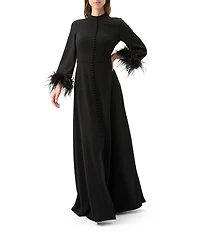 Trina Turk Montmarte Georgette Mock Neck Long Feather Sleeve Front Button Dress