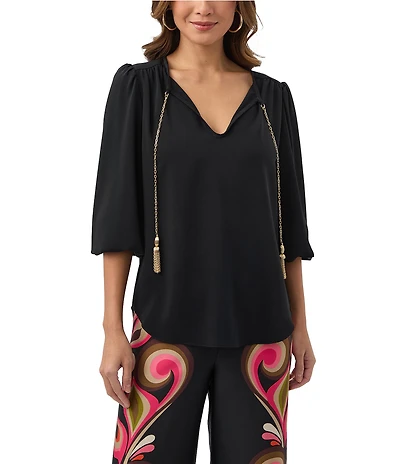 Trina Turk Morabi Georgette V-Neck 3/4 Sleeve Chain Tassel Top