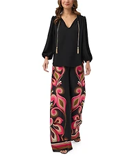 Trina Turk Morabi Georgette V-Neck 3/4 Sleeve Chain Tassel Top