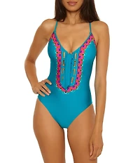 Trina Turk Mykonos Lace-Up V-Neck One Piece Swimsuit