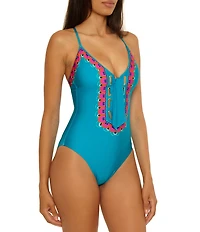 Trina Turk Mykonos Lace-Up V-Neck One Piece Swimsuit