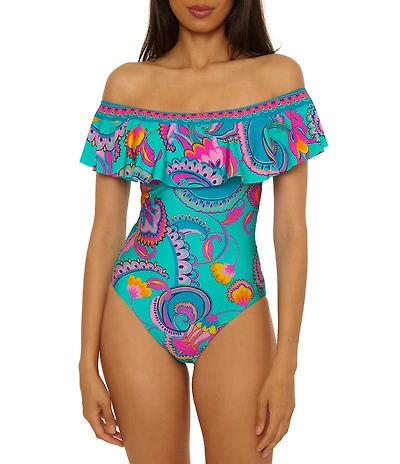 Trina Turk Mykonos Off-The-Shoulder Ruffle One Piece Swimsuit
