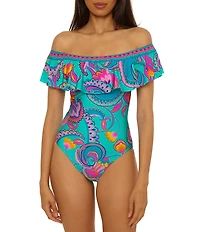Trina Turk Mykonos Off-The-Shoulder Ruffle One Piece Swimsuit