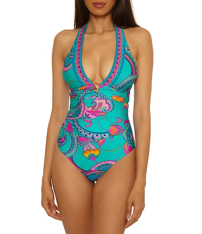 Trina Turk Mykonos Tie Neck Shirred Plunge One Piece Swimsuit