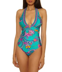 Trina Turk Mykonos Tie Neck Shirred Plunge One Piece Swimsuit