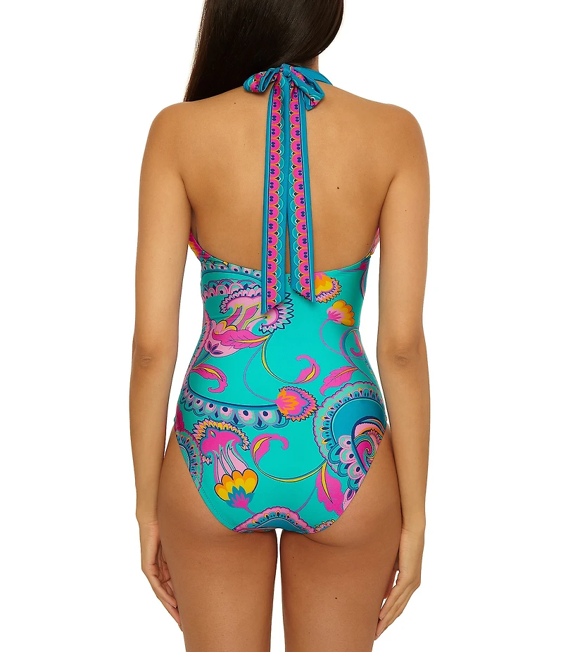Trina Turk Mykonos Tie Neck Shirred Plunge One Piece Swimsuit