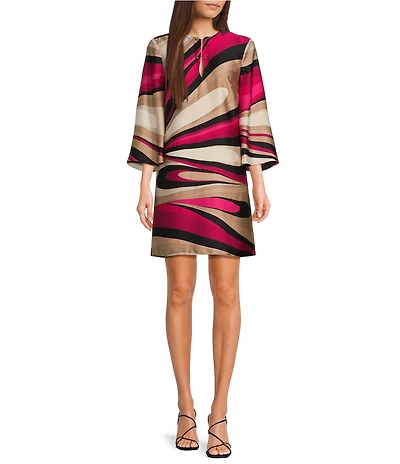 Trina Turk Nallia Satin Georgette Wynwood Wave Print Round Neck 3/4 Flare Sleeve Dress