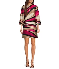 Trina Turk Nallia Satin Georgette Wynwood Wave Print Round Neck 3/4 Flare Sleeve Dress