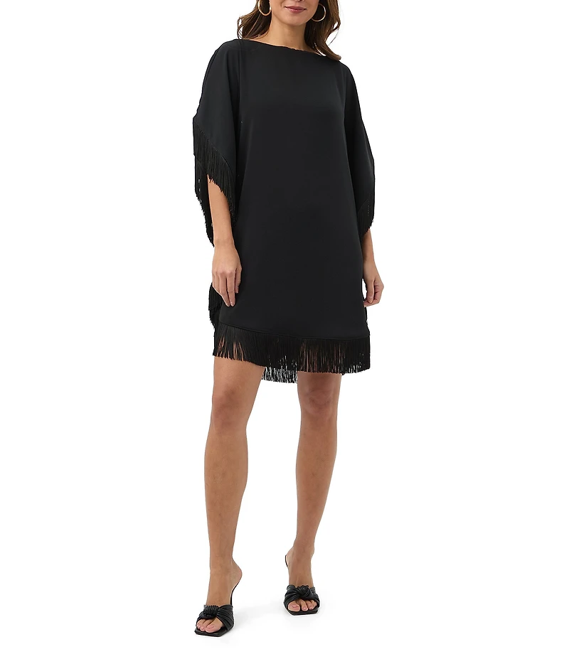 Trina Turk Neena Georgette Boat Neck Short Dolman Sleeve Fringe Caftan Mini Dress