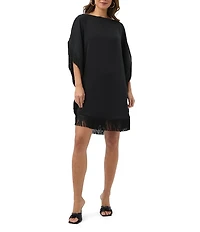 Trina Turk Neena Georgette Boat Neck Short Dolman Sleeve Fringe Caftan Mini Dress