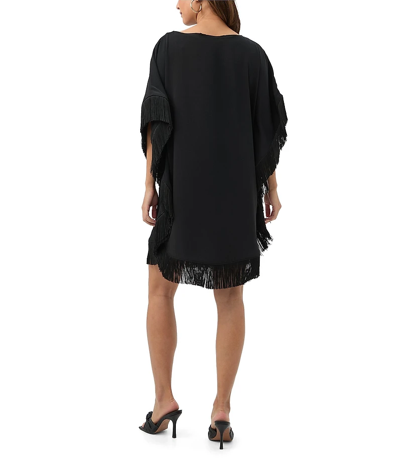 Trina Turk Neena Georgette Boat Neck Short Dolman Sleeve Fringe Caftan Mini Dress
