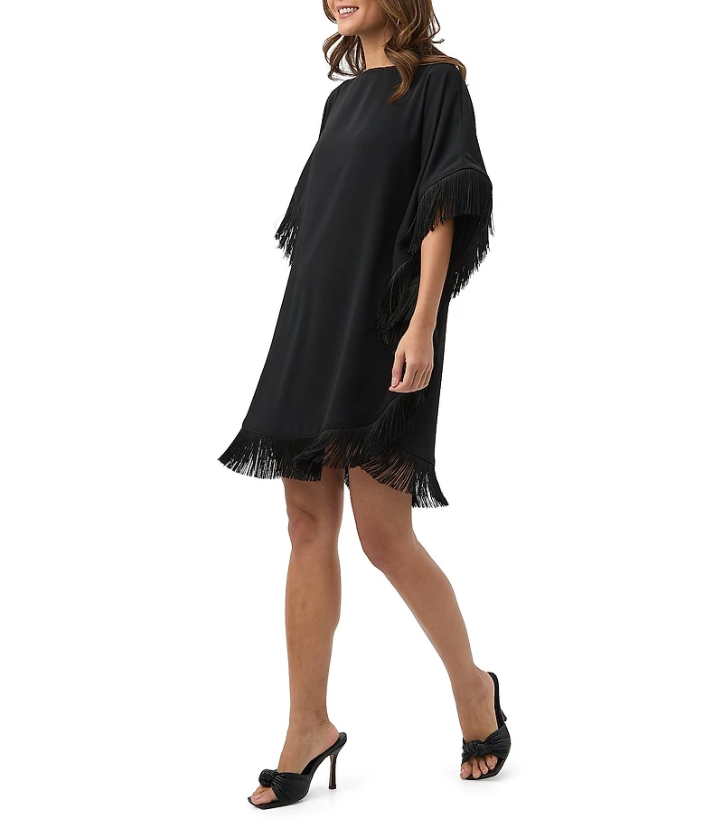 Trina Turk Neena Georgette Boat Neck Short Dolman Sleeve Fringe Caftan Mini Dress