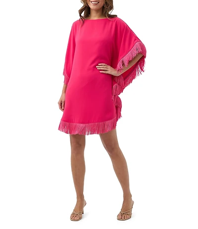Trina Turk Neena Georgette Boat Neck Short Dolman Sleeve Fringe Caftan Mini Dress
