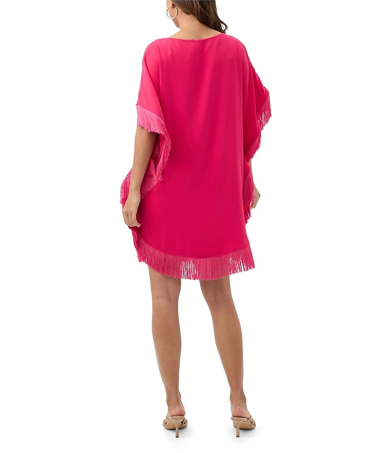 Trina Turk Neena Georgette Boat Neck Short Dolman Sleeve Fringe Caftan Mini Dress