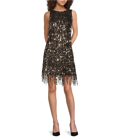 Trina Turk NiNi Sequin Round Neck Sleeveless Fringe Dress