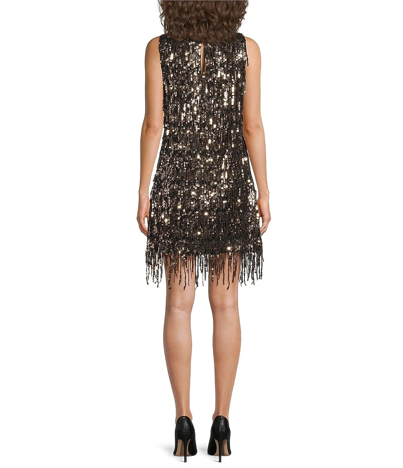 Trina Turk NiNi Sequin Round Neck Sleeveless Fringe Dress