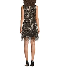 Trina Turk NiNi Sequin Round Neck Sleeveless Fringe Dress