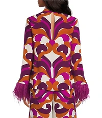Trina Turk Nyssa Coordinating Printed Georgette Mock Neck Long Sleeve Feather Trim Top
