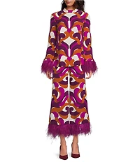 Trina Turk Nyssa Coordinating Printed Georgette Mock Neck Long Sleeve Feather Trim Top