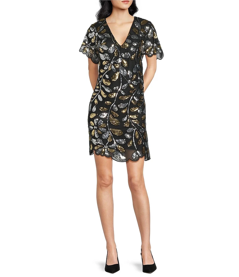 Trina Turk Obelle Sequin Paillette V-Neck Short Sleeve Scallop Trim Dress