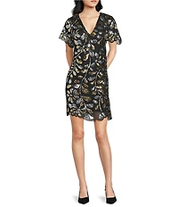 Trina Turk Obelle Sequin Paillette V-Neck Short Sleeve Scallop Trim Dress