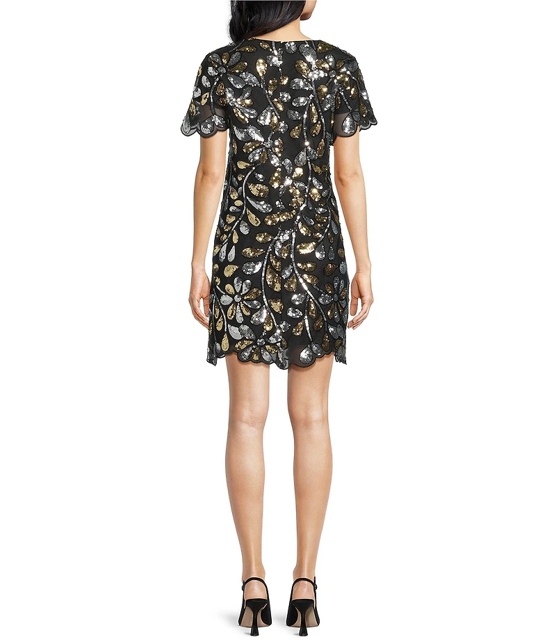 Trina Turk Obelle Sequin Paillette V-Neck Short Sleeve Scallop Trim Dress