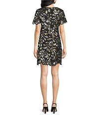 Trina Turk Obelle Sequin Paillette V-Neck Short Sleeve Scallop Trim Dress